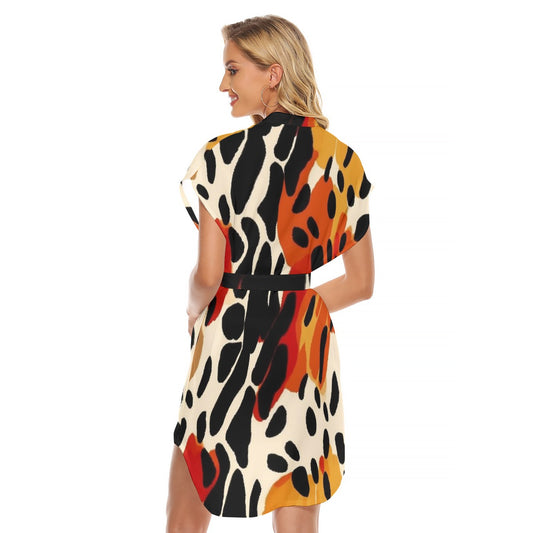 All-Over Print Women's Stand-up Collar Casual Dress With Belt