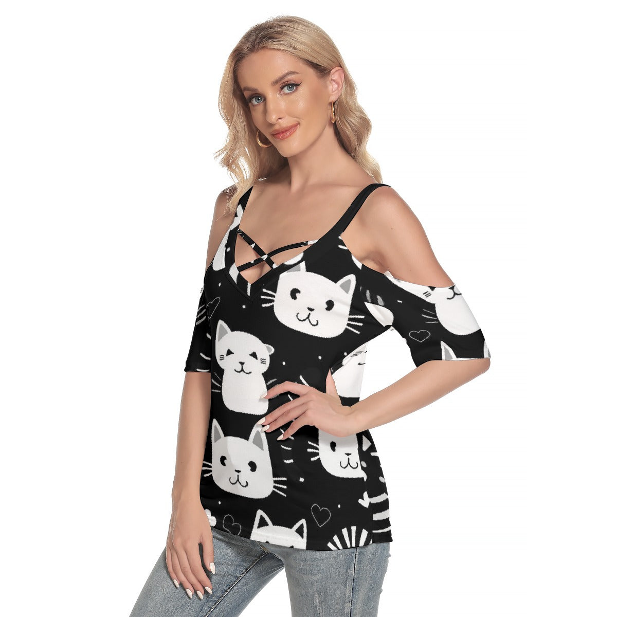 All-Over Print Women's Cold Shoulder T-shirt With Criss Cross Strips