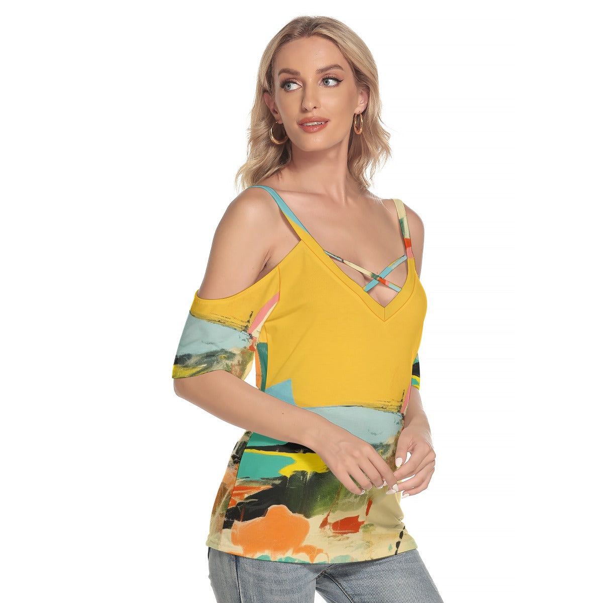 All-Over Print Women's Cold Shoulder T-shirt With Criss Cross Strips