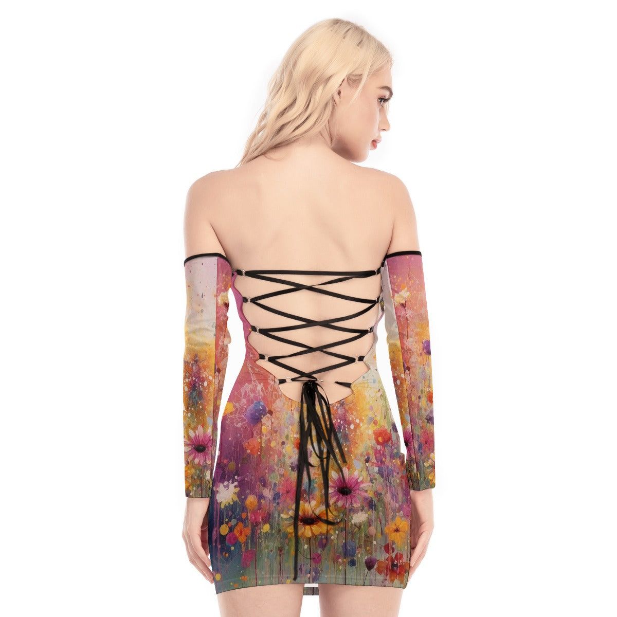 All-Over Print Women's Off-shoulder Back Lace-up Dress