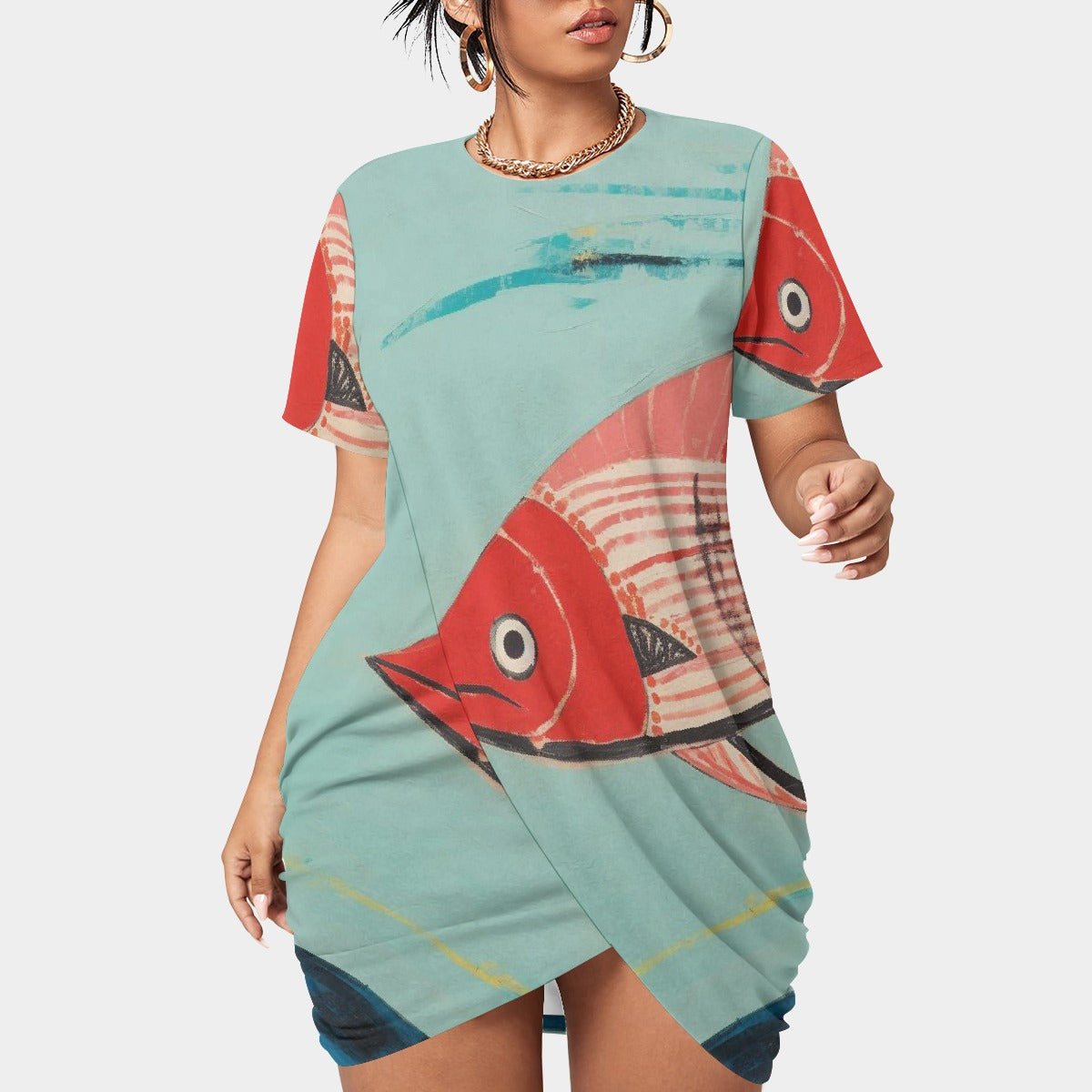 All-Over Print Women’s Stacked Hem Dress With Short Sleeve（Plus Size）