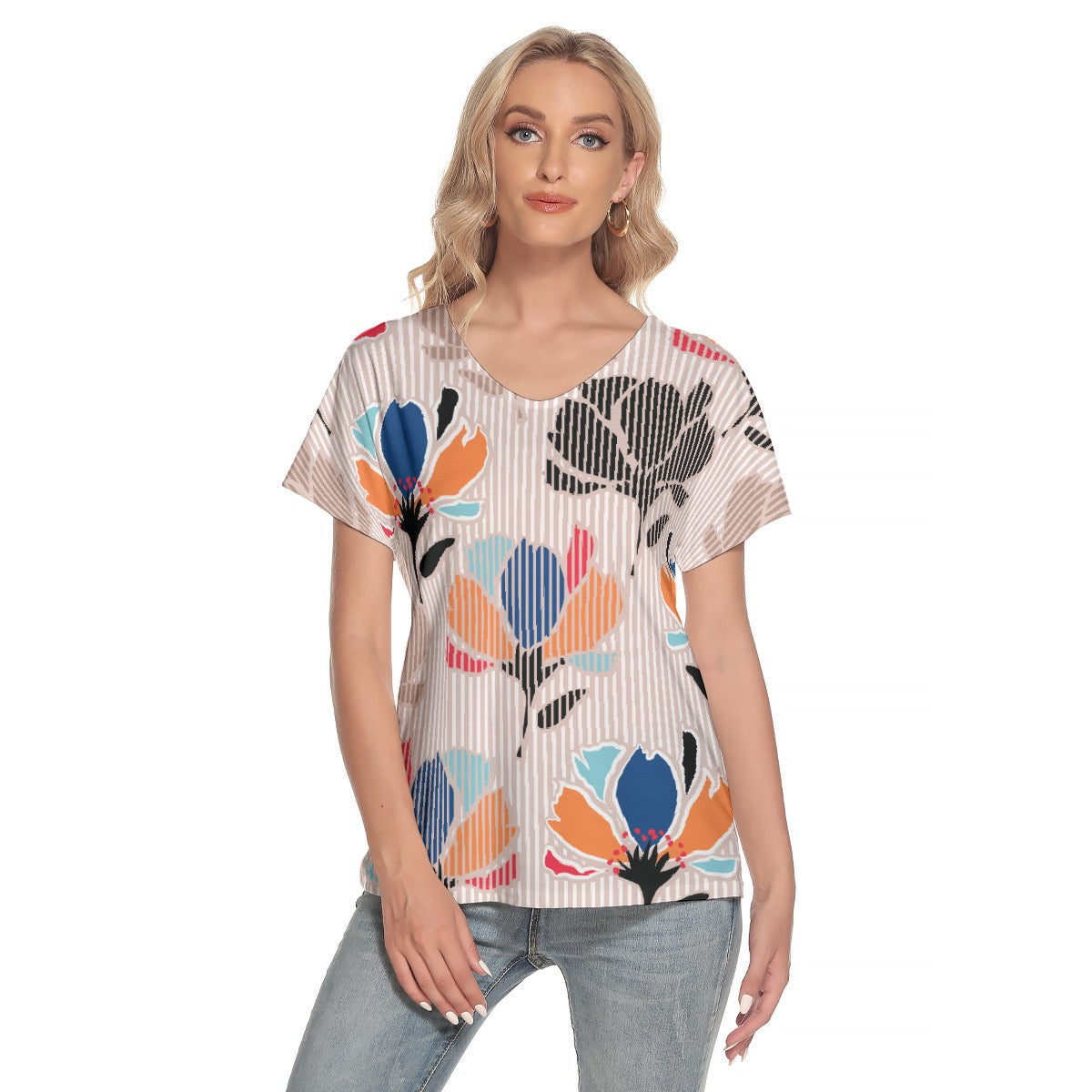 All-Over Print Women's Loose V-neck Short Sleeve T-shirt