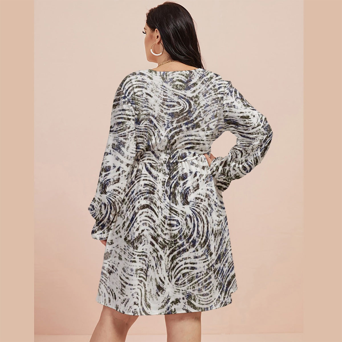 All-Over Print Women's V-neck Dress With Waistband(Plus Size)