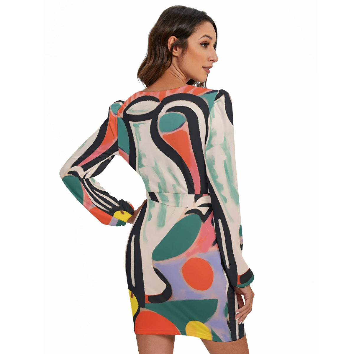 All-Over Print Women's Long Sleeve Dress With Waist Belt