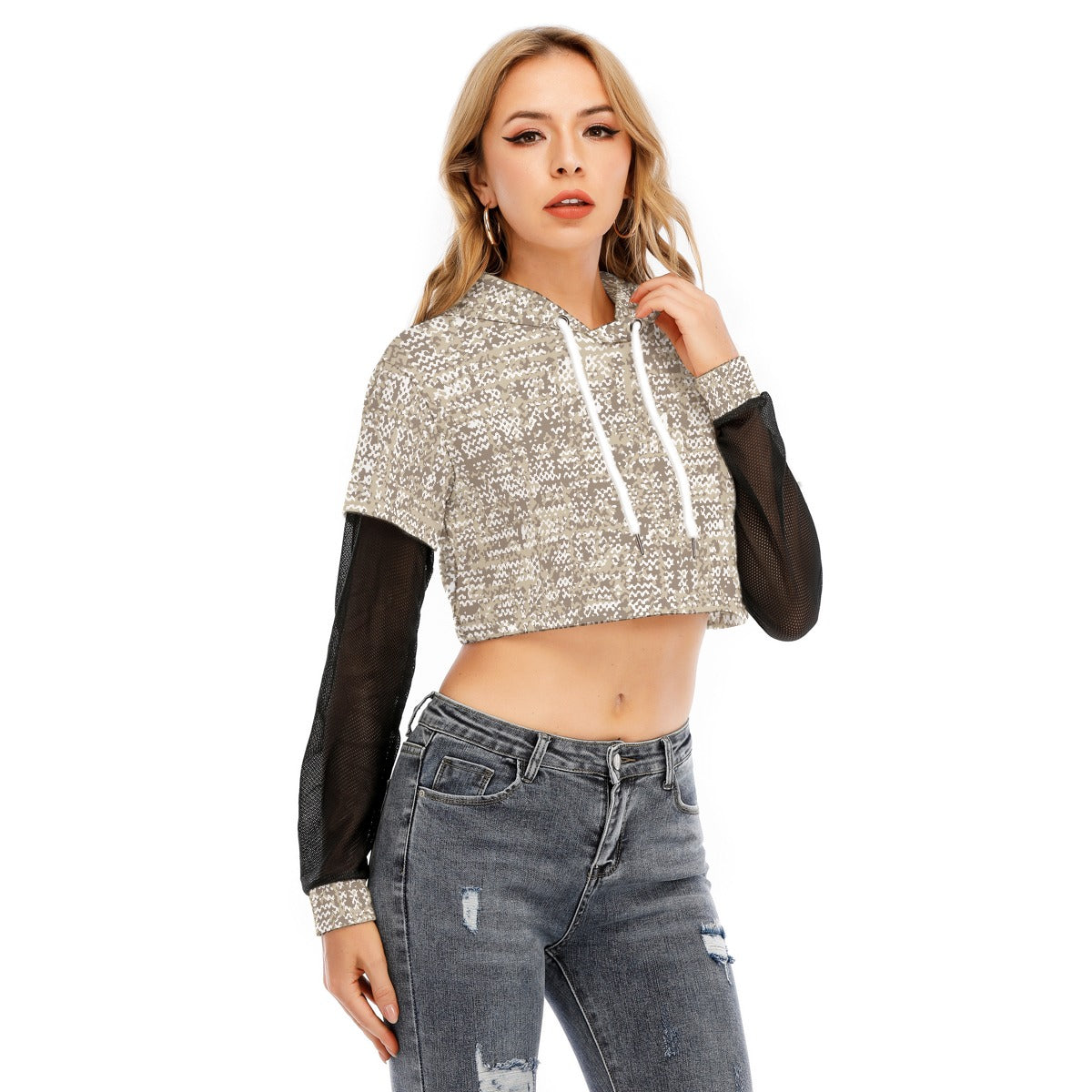 All-Over Print Women's Fake Two-piece Mesh Sleeve Cropped Hoodie