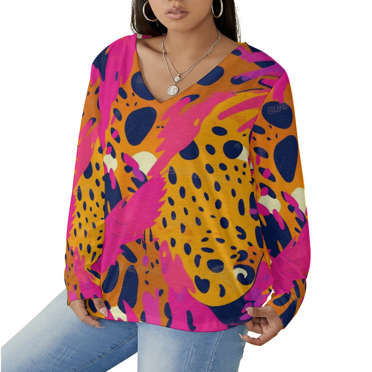 All-Over Print Women's V-neck T-shirt With Curved Hem(Plus Size)