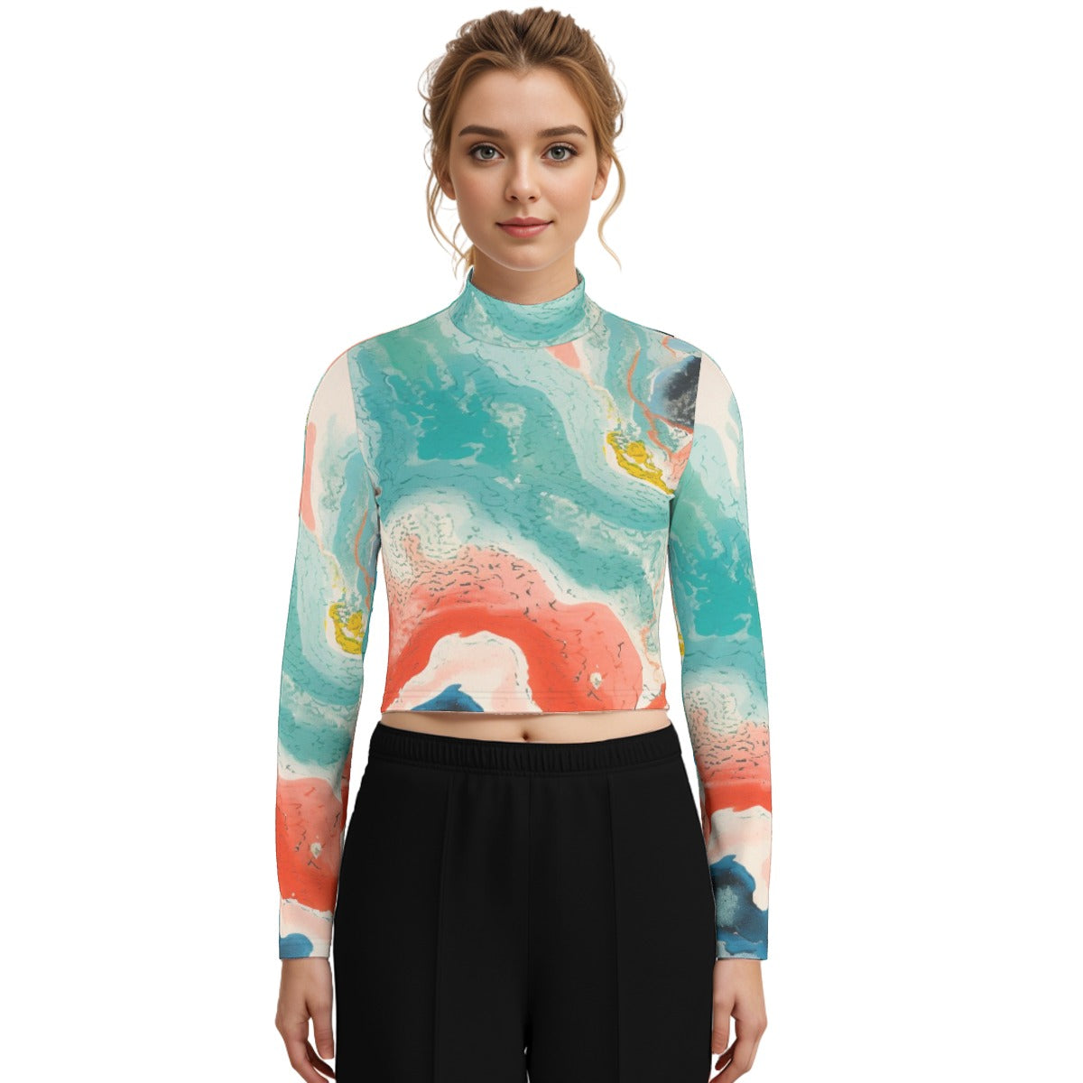 Eco-Friendly All-Over Print Women's Turtleneck T-shirt With Long Sleeve