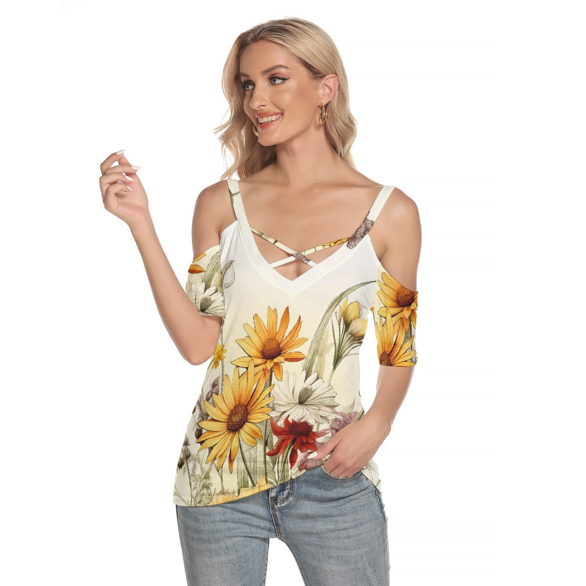 All-Over Print Women's Cold Shoulder T-shirt With Criss Cross Strips