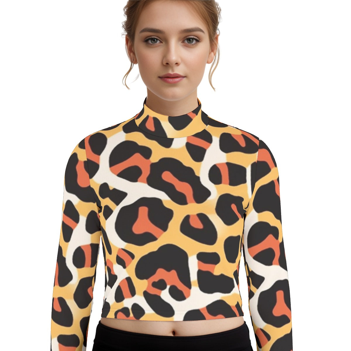 Eco-Friendly All-Over Print Women's Turtleneck T-shirt With Long Sleeve