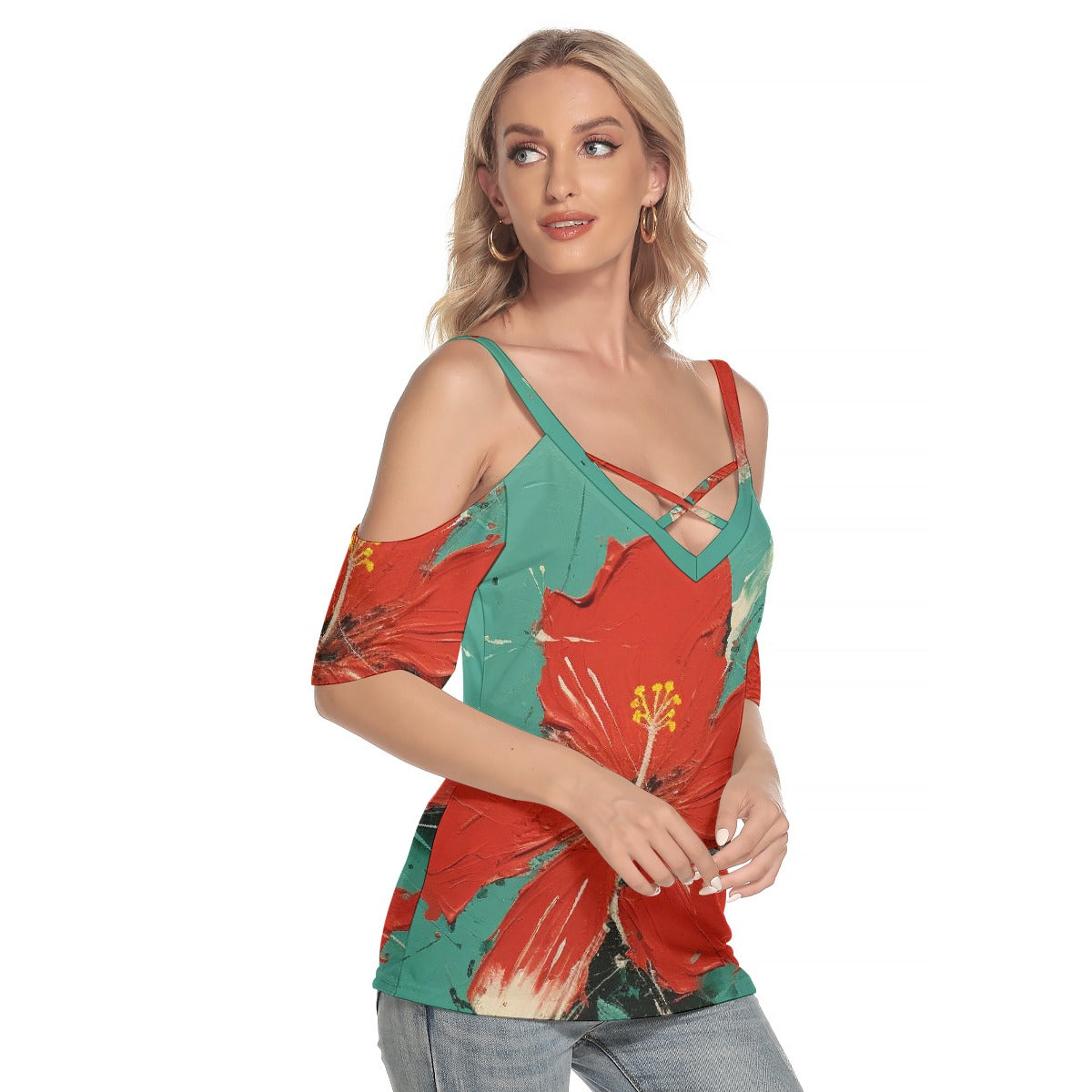 All-Over Print Women's Cold Shoulder T-shirt With Criss Cross Strips