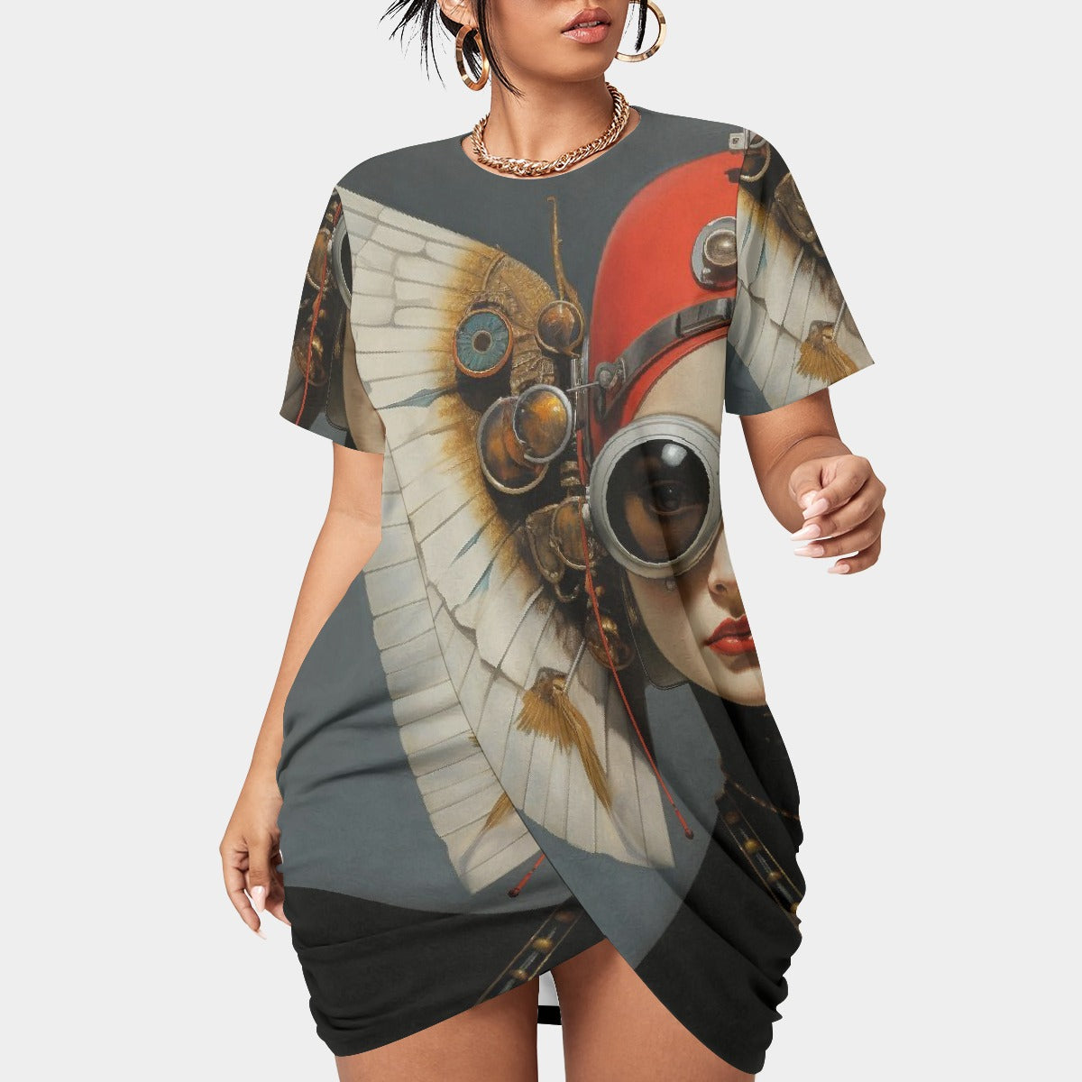 All-Over Print Women’s Stacked Hem Dress With Short Sleeve（Plus Size）