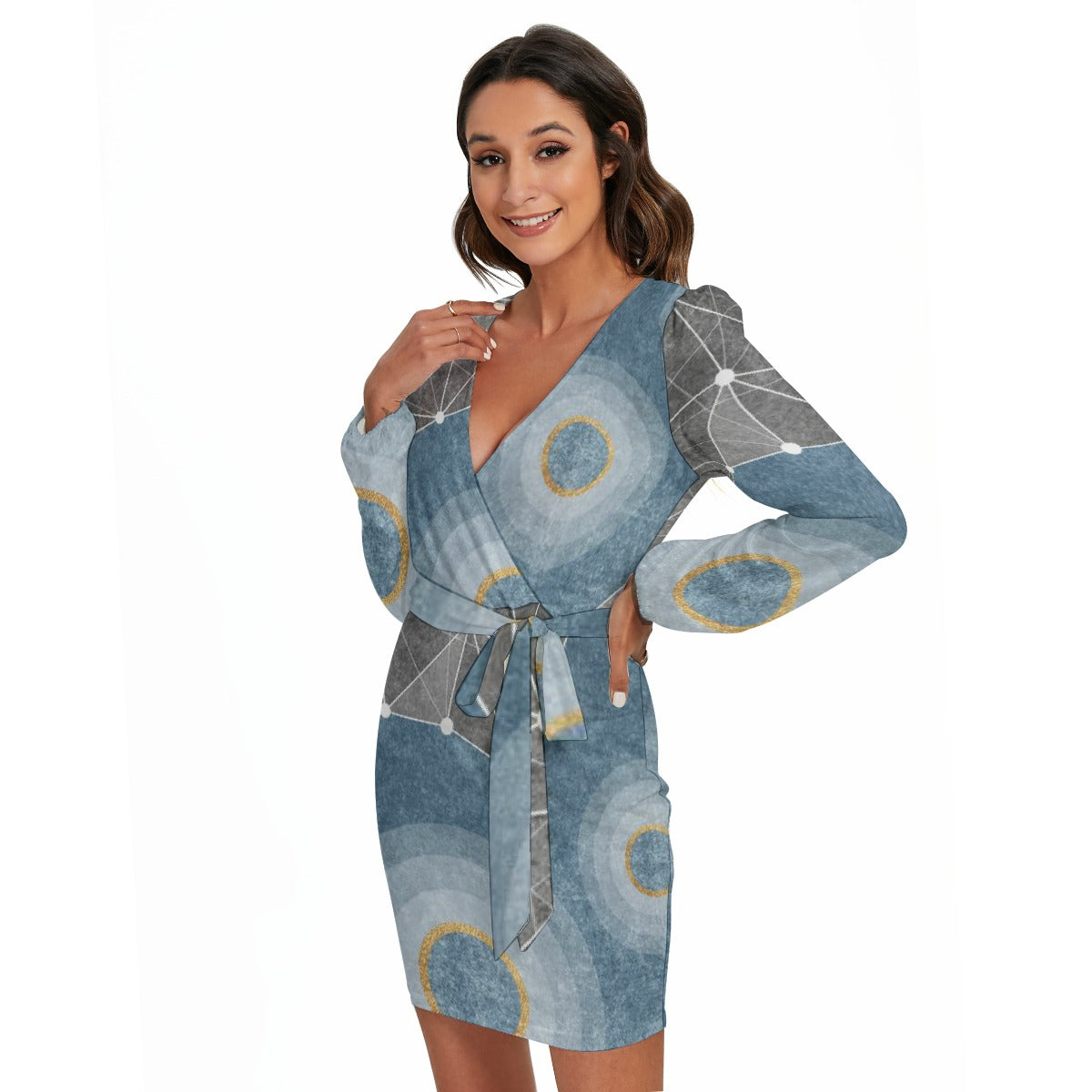 All-Over Print Women's Long Sleeve Dress With Waist Belt