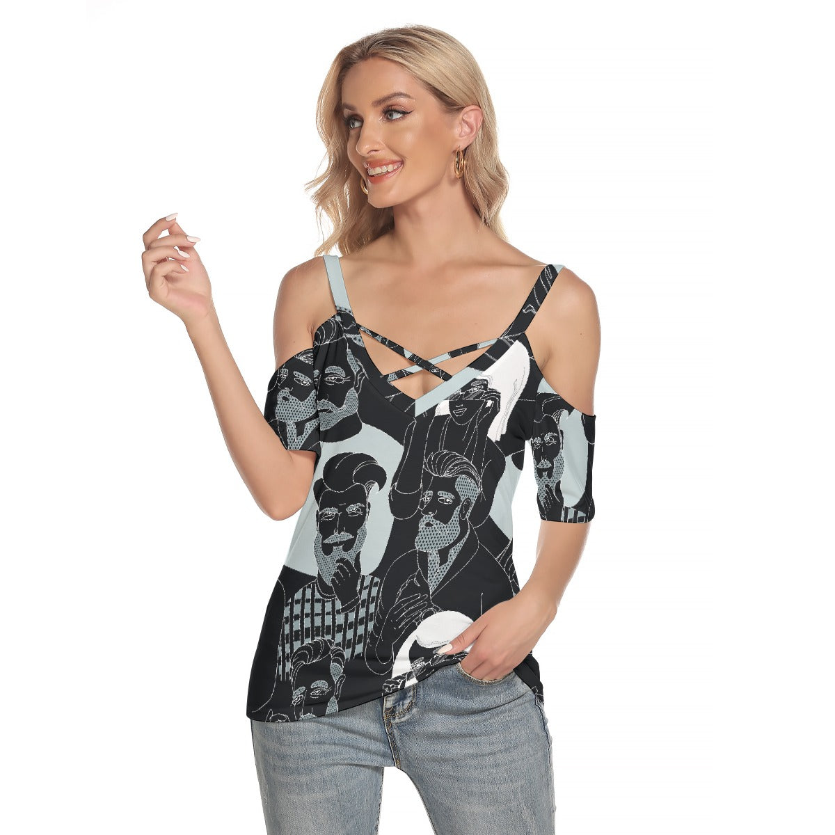 All-Over Print Women's Cold Shoulder T-shirt With Criss Cross Strips