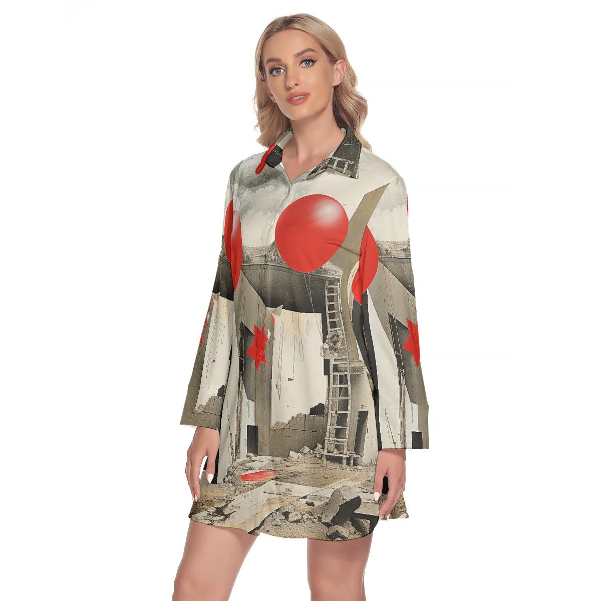 All-Over Print Women's Lapel Shirt Dress With Long Sleeve