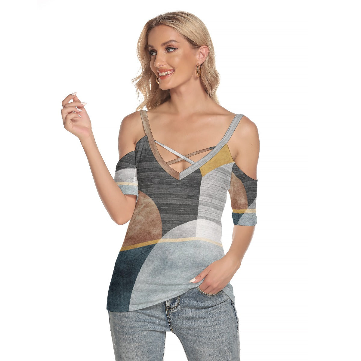 All-Over Print Women's Cold Shoulder T-shirt With Criss Cross Strips