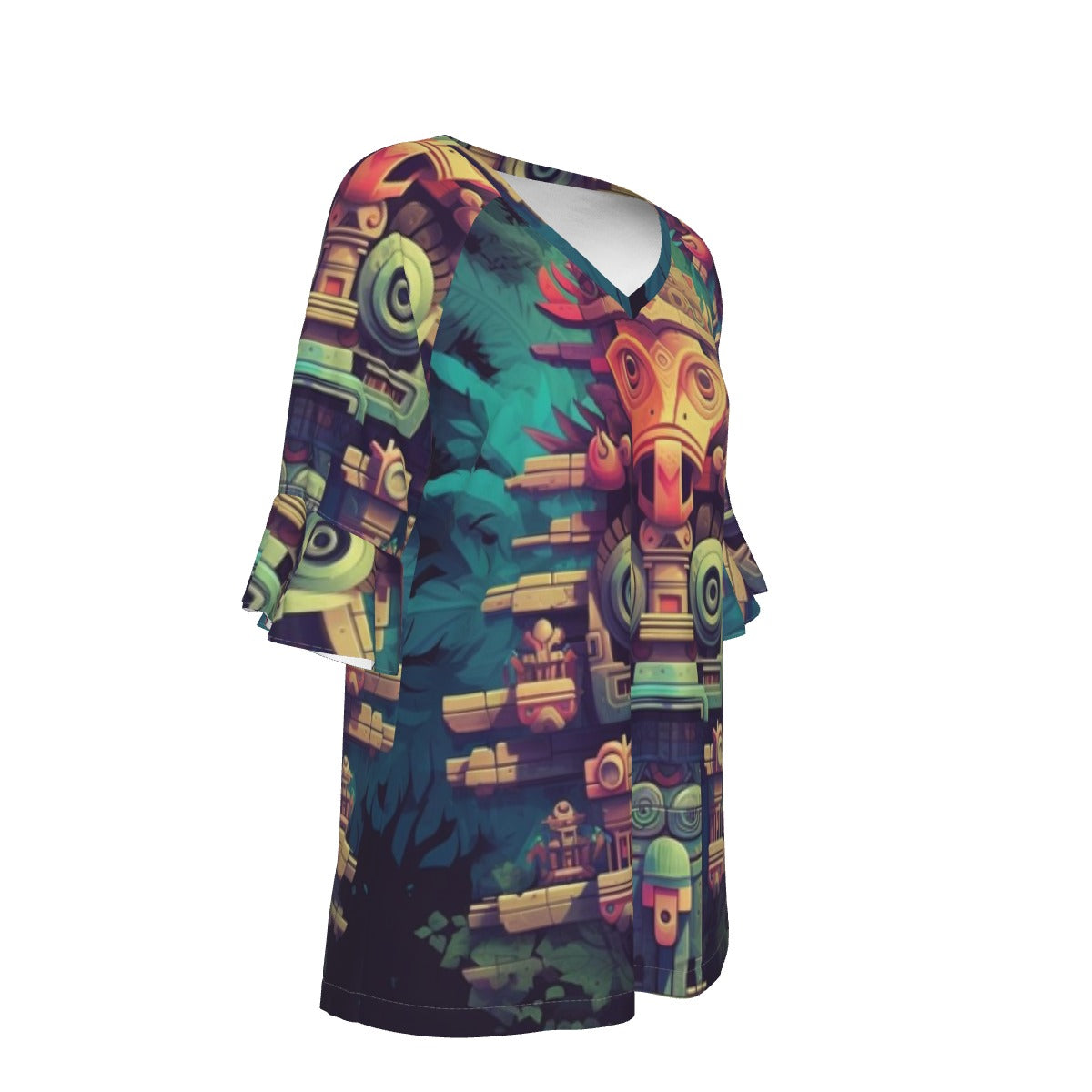 All-Over Print V-neck Women's T-shirt With Bell Sleeve