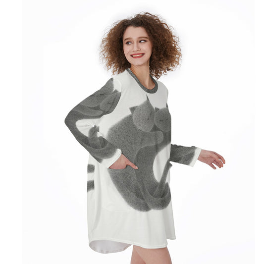 All-Over Print Women's Casual Loose Long Sleeve Dress With Pocket