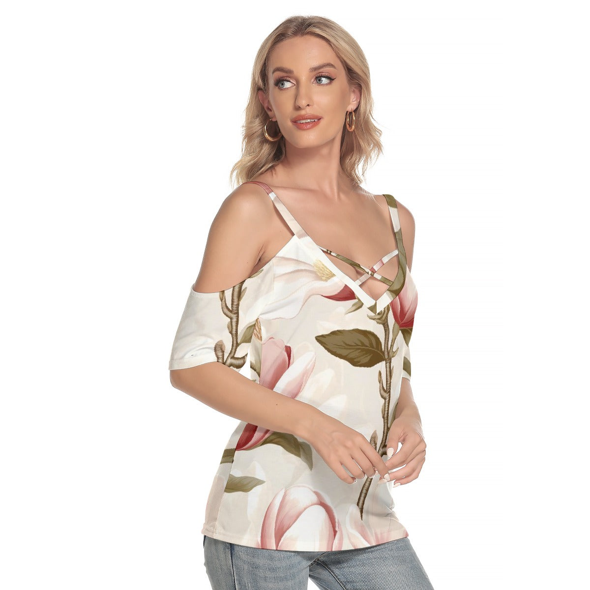 All-Over Print Women's Cold Shoulder T-shirt With Criss Cross Strips