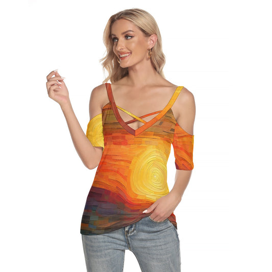 All-Over Print Women's Cold Shoulder T-shirt With Criss Cross Strips