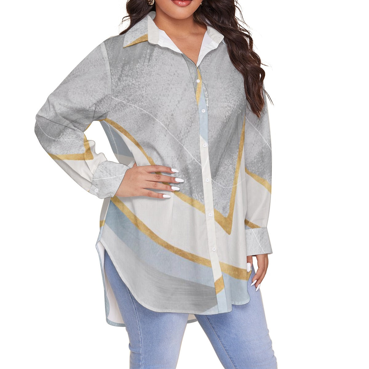 All-Over Print Women's Shirt With Long Sleeve(Plus Size)