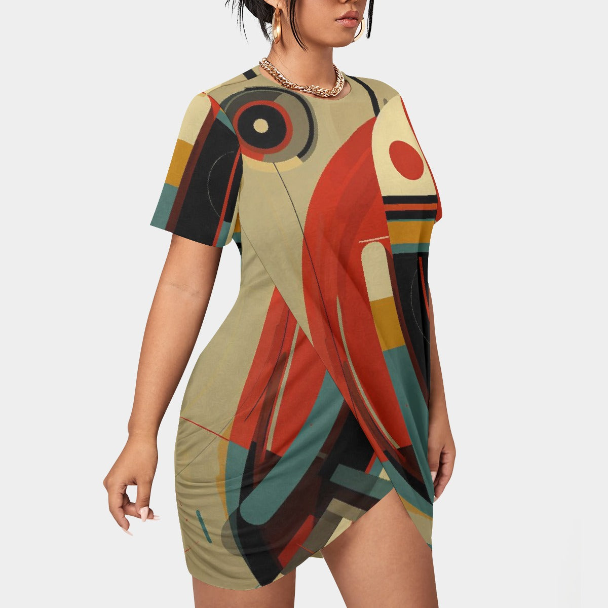 All-Over Print Women’s Stacked Hem Dress With Short Sleeve（Plus Size）