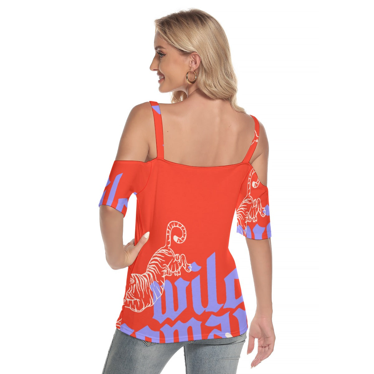 All-Over Print Women's Cold Shoulder T-shirt With Criss Cross Strips