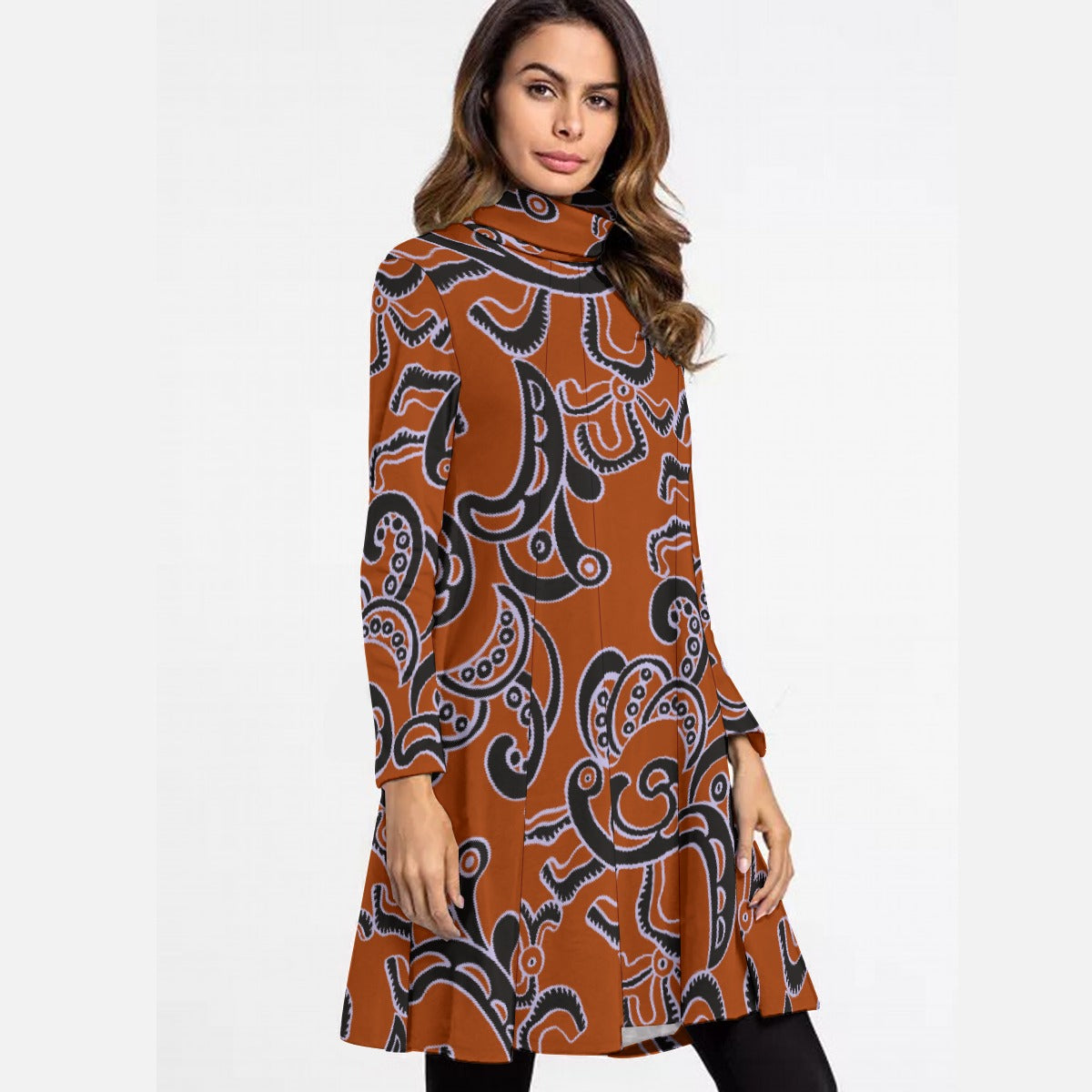 All-Over Print Women's High Neck Dress With Long Sleeve