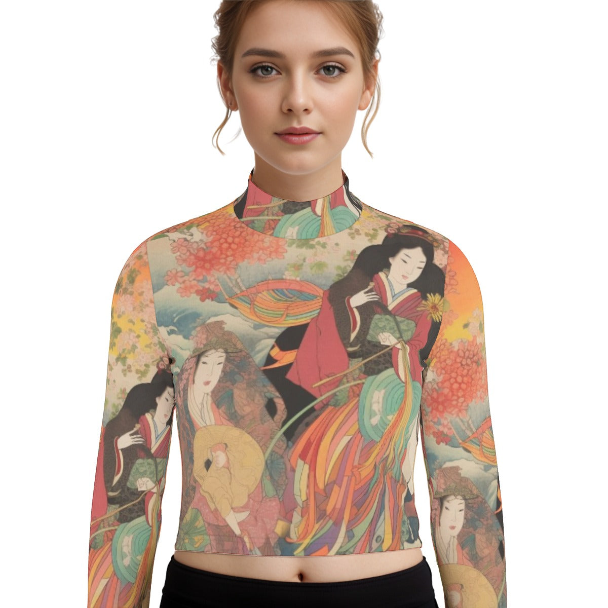 Eco-Friendly All-Over Print Women's Turtleneck T-shirt With Long Sleeve