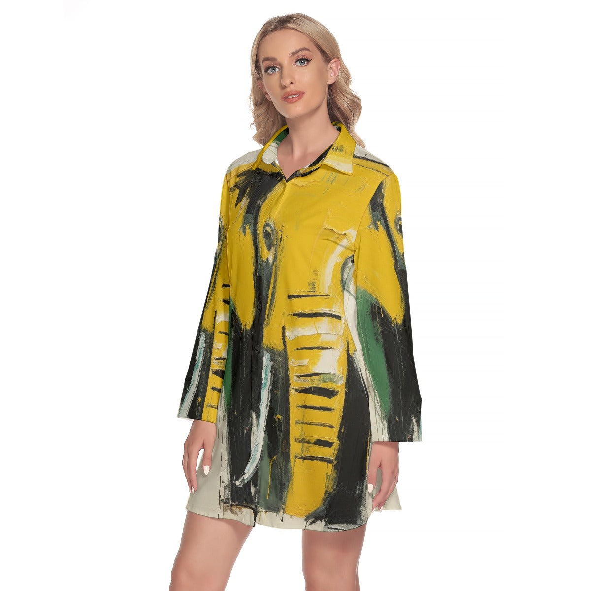 All-Over Print Women's Lapel Shirt Dress With Long Sleeve