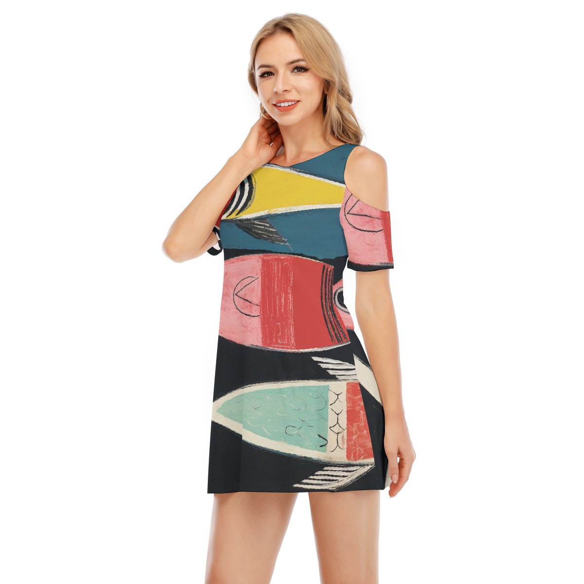 All-Over Print Women's Cold Shoulder Dress | 190GSM Cotton