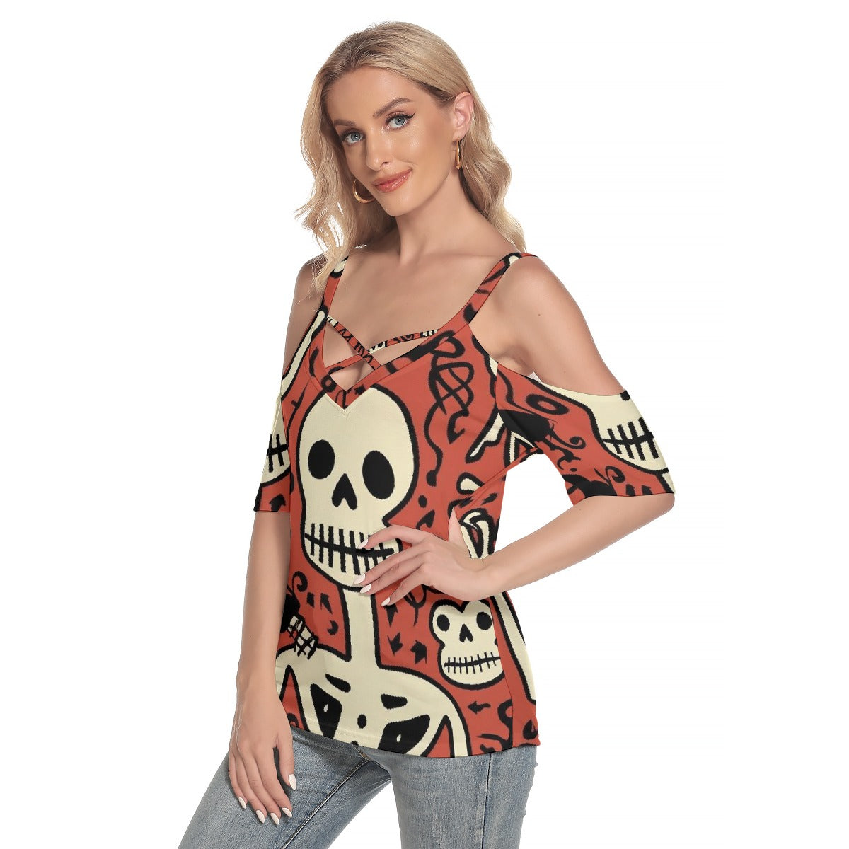 All-Over Print Women's Cold Shoulder T-shirt With Criss Cross Strips