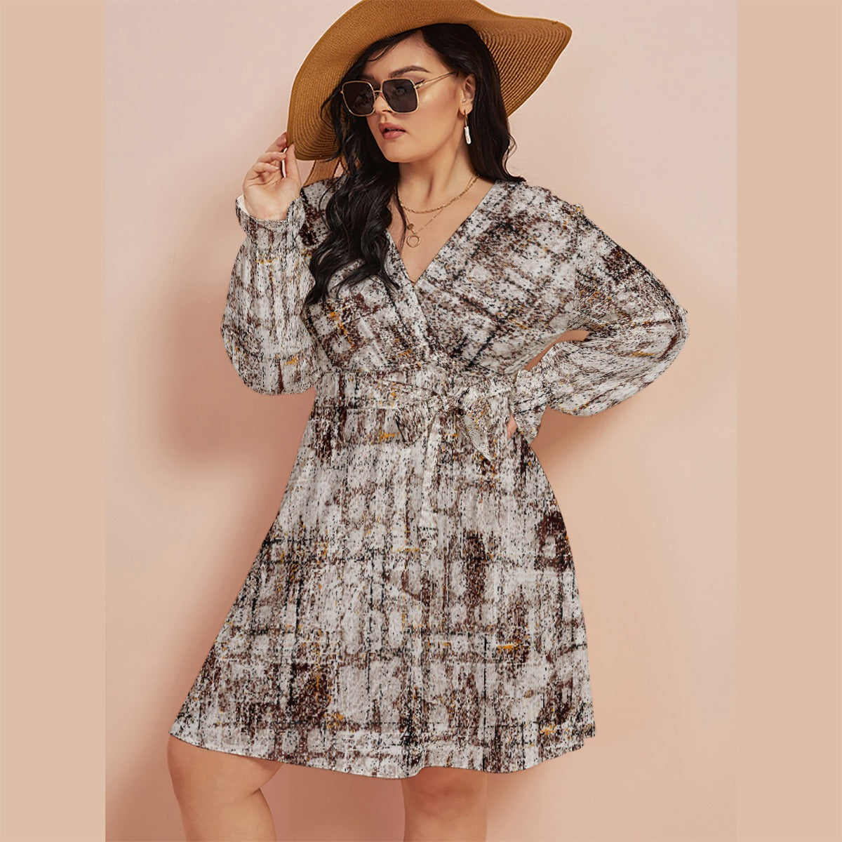 All-Over Print Women's V-neck Dress With Waistband(Plus Size)