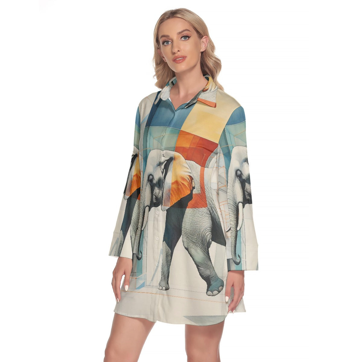 All-Over Print Women's Lapel Shirt Dress With Long Sleeve