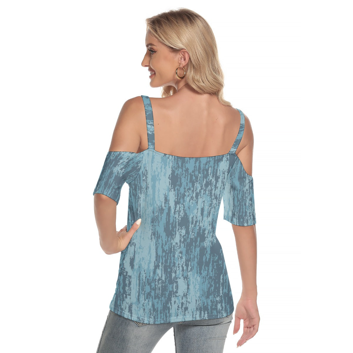 All-Over Print Women's Cold Shoulder T-shirt With Criss Cross Strips