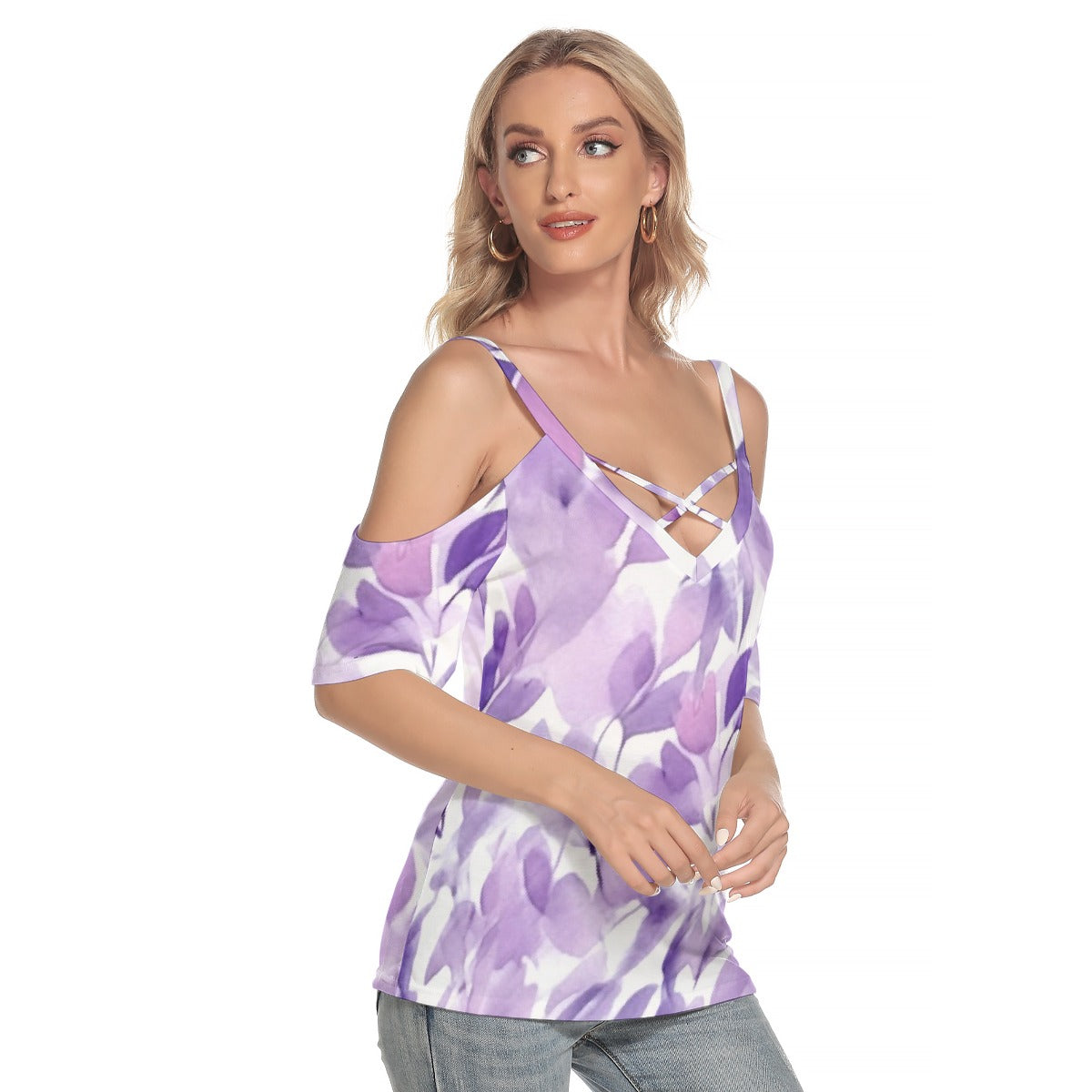 All-Over Print Women's Cold Shoulder T-shirt With Criss Cross Strips