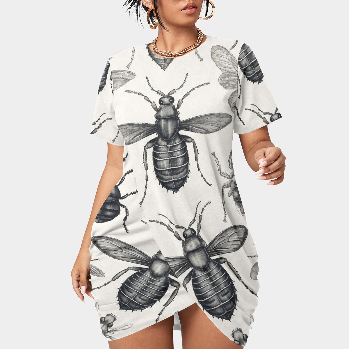 All-Over Print Women’s Stacked Hem Dress With Short Sleeve（Plus Size）