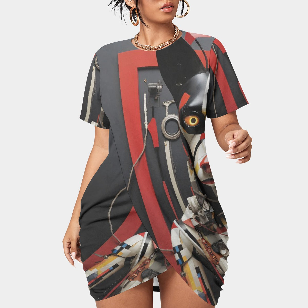 All-Over Print Women’s Stacked Hem Dress With Short Sleeve（Plus Size）