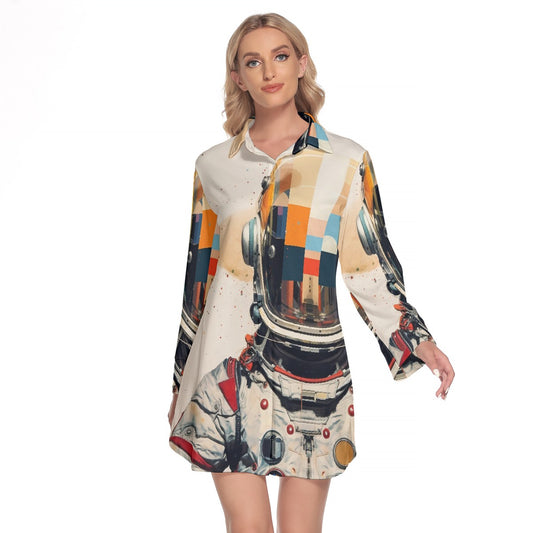 All-Over Print Women's Lapel Shirt Dress With Long Sleeve