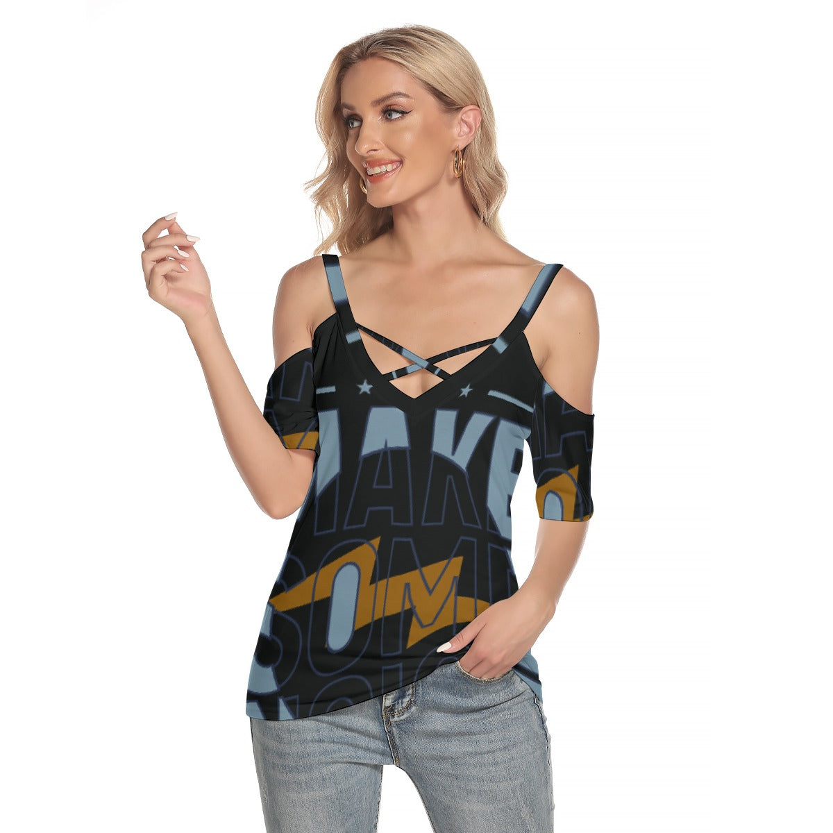 All-Over Print Women's Cold Shoulder T-shirt With Criss Cross Strips