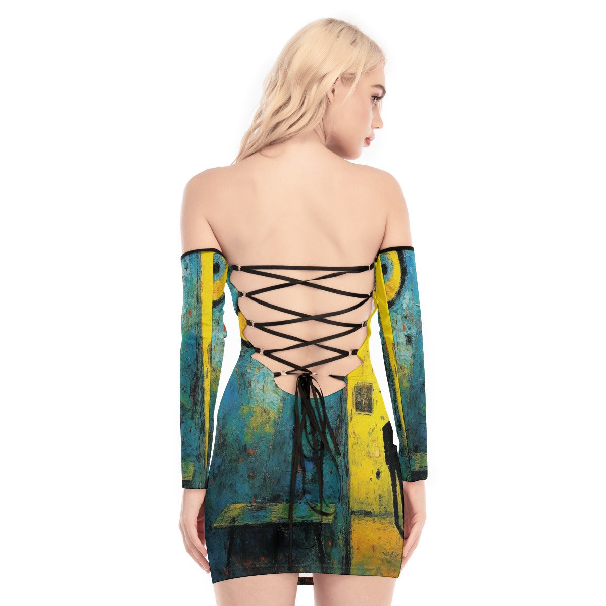 All-Over Print Women's Off-shoulder Back Lace-up Dress