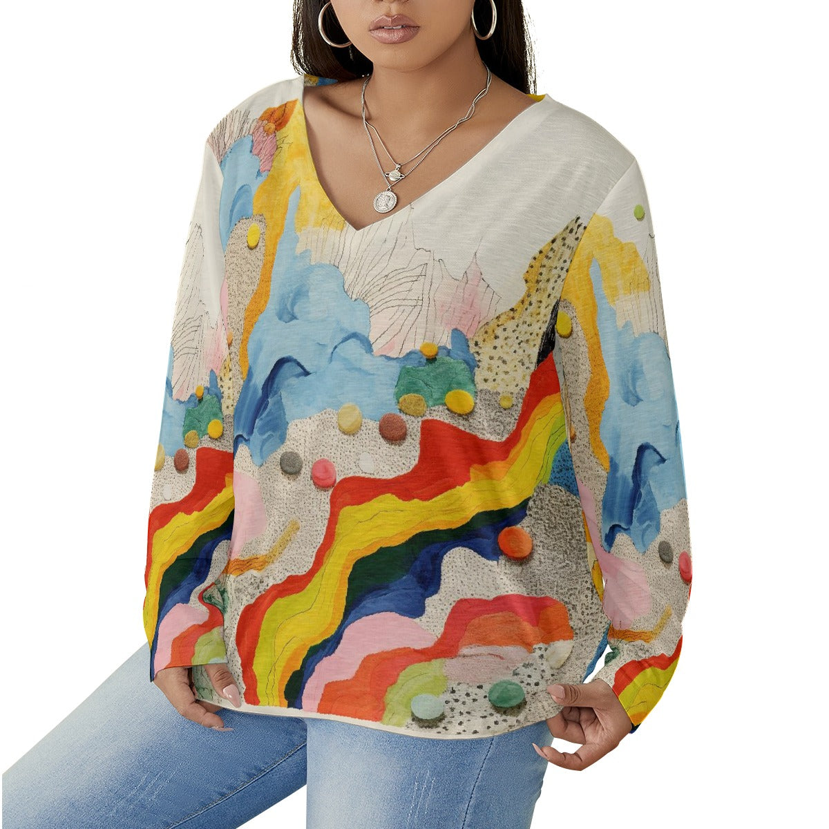 All-Over Print Women's V-neck T-shirt With Curved Hem(Plus Size)