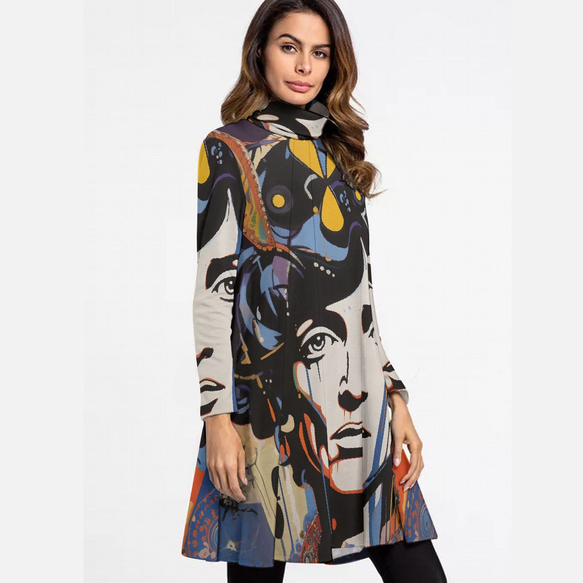 All-Over Print Women's High Neck Dress With Long Sleeve