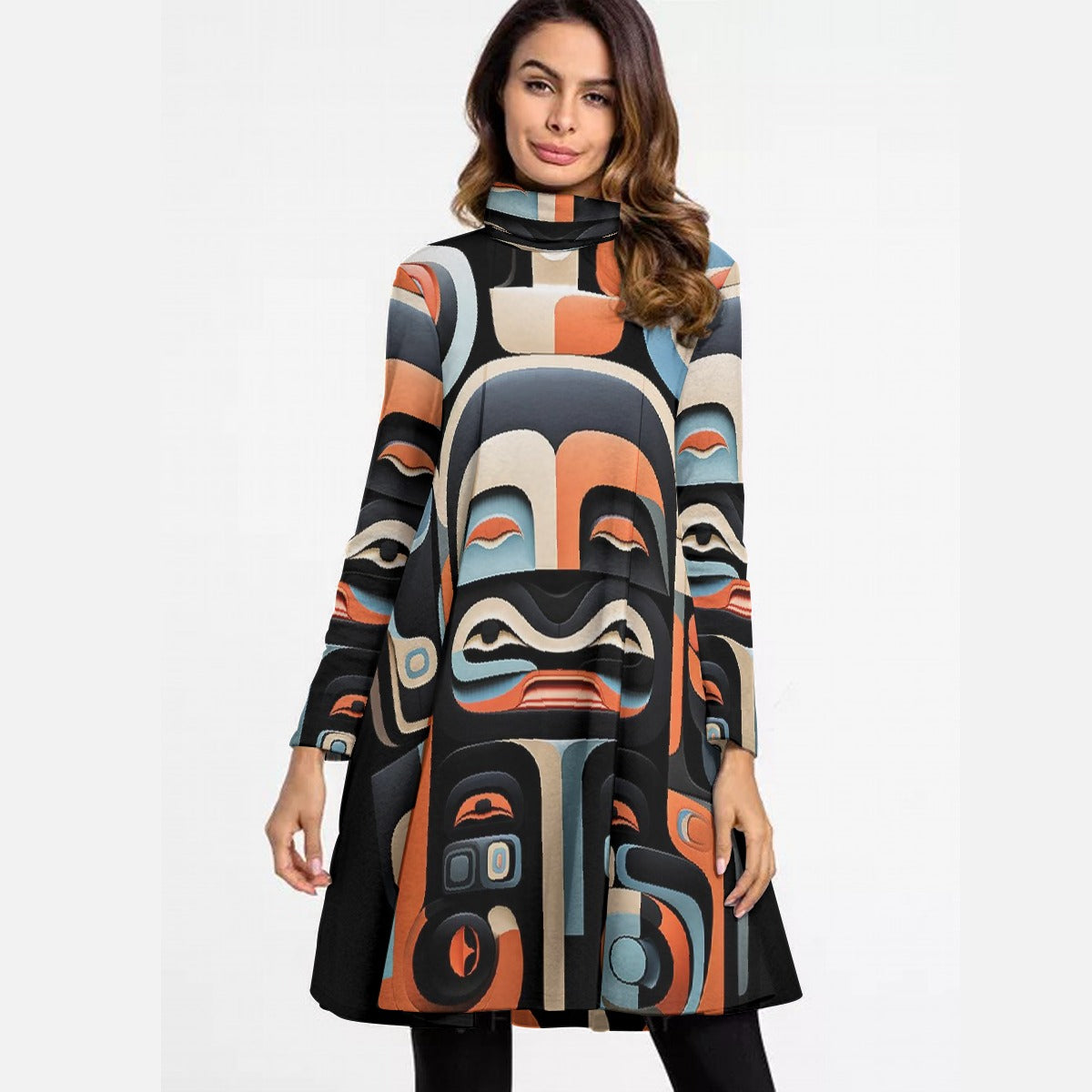 All-Over Print Women's High Neck Dress With Long Sleeve