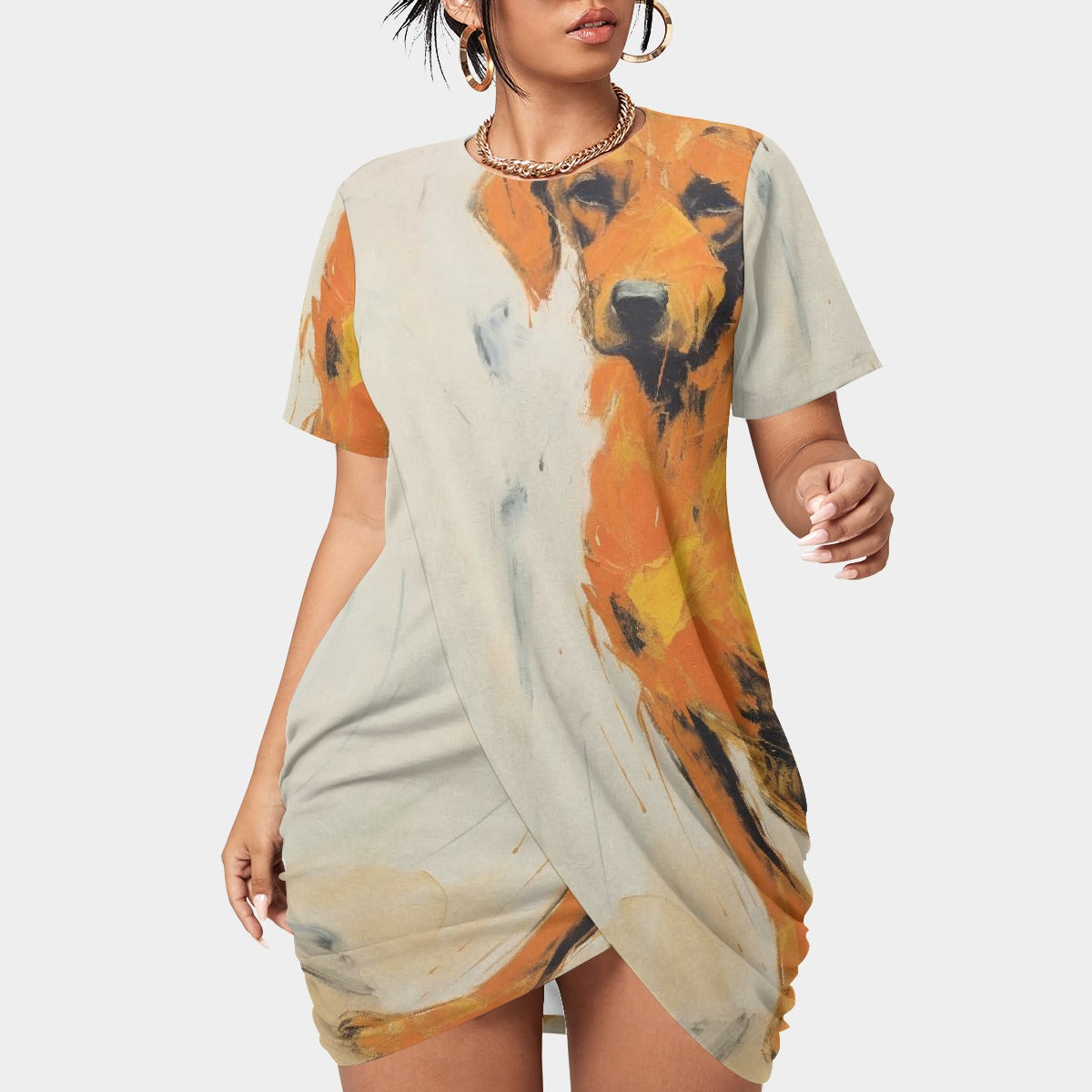 All-Over Print Women’s Stacked Hem Dress With Short Sleeve（Plus Size）