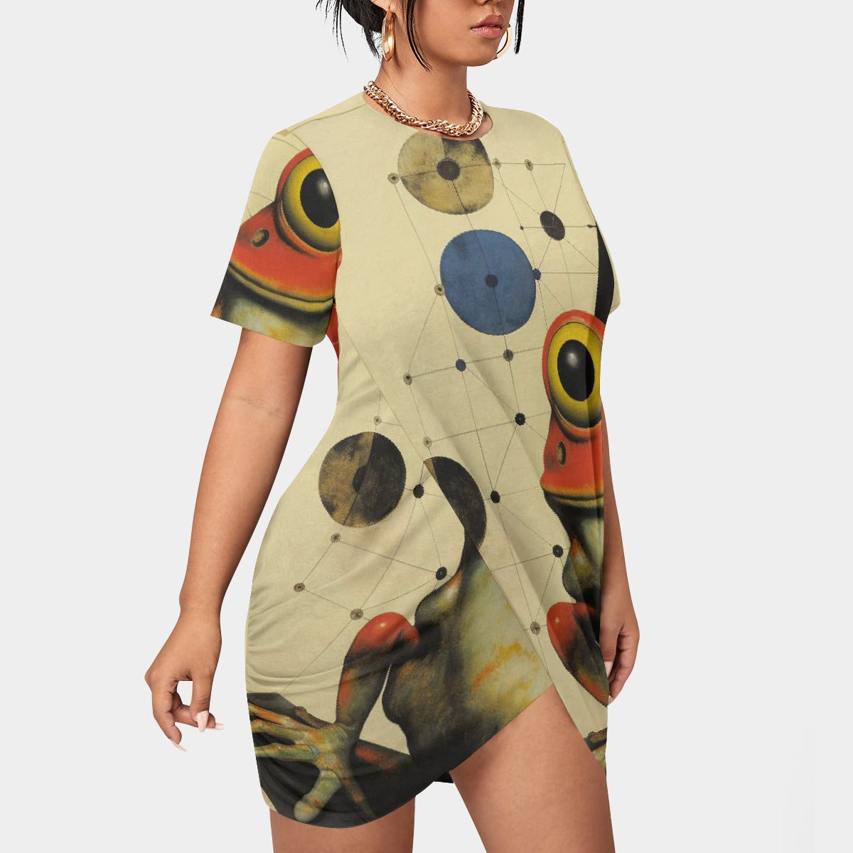 All-Over Print Women’s Stacked Hem Dress With Short Sleeve（Plus Size）