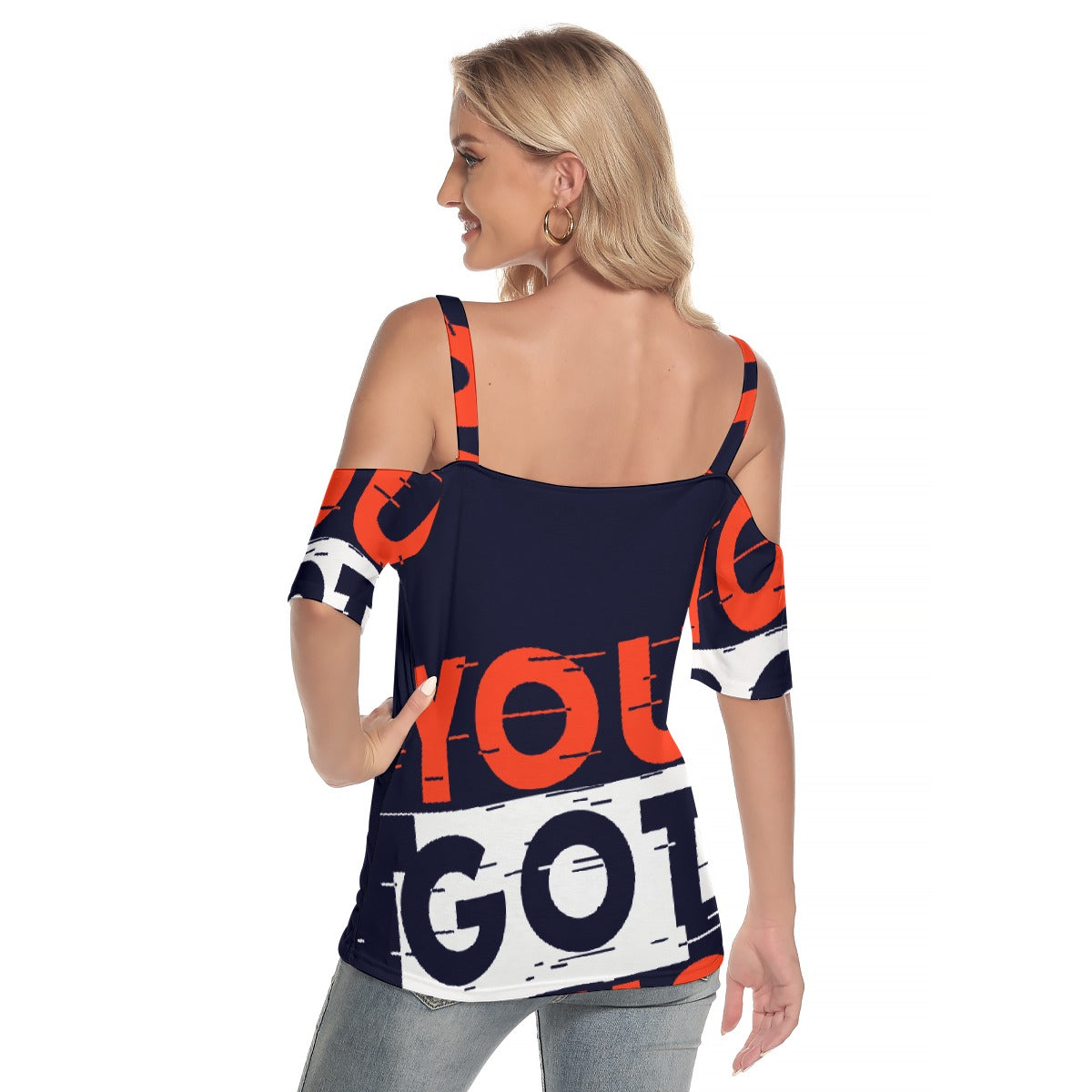 All-Over Print Women's Cold Shoulder T-shirt With Criss Cross Strips