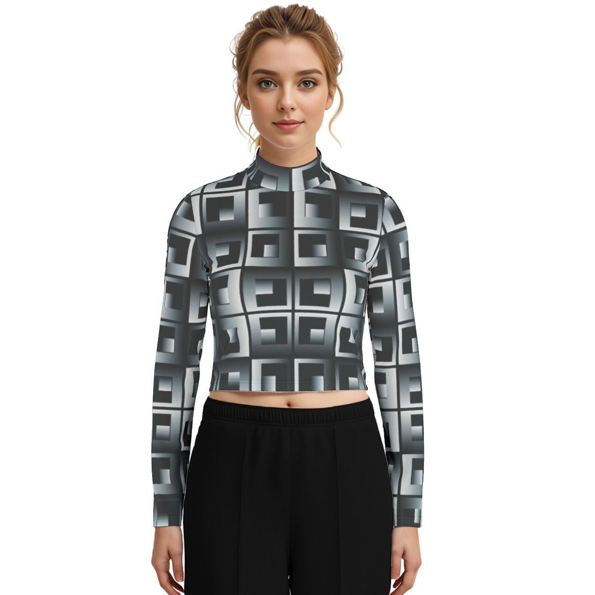 Eco-Friendly All-Over Print Women's Turtleneck T-shirt With Long Sleeve