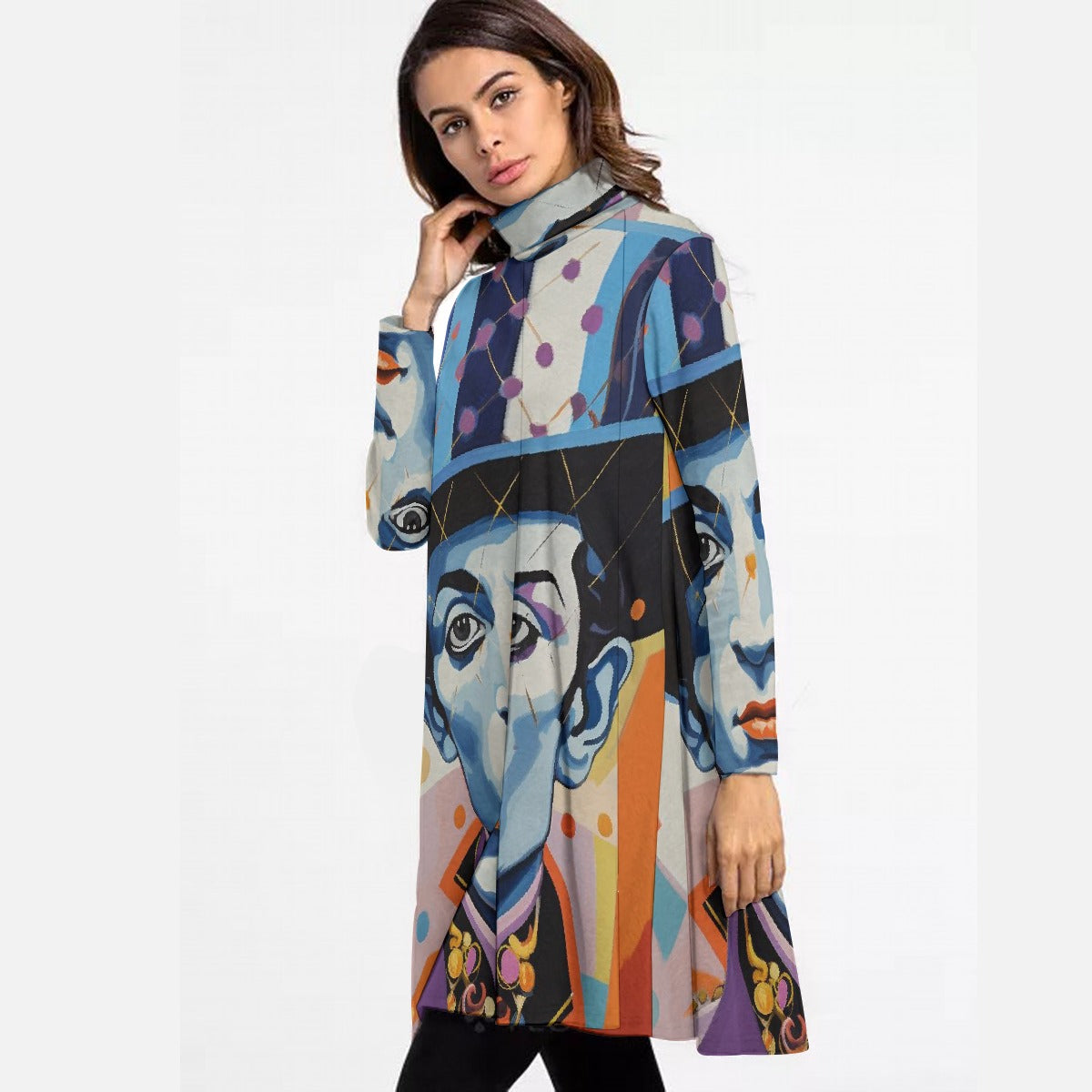 All-Over Print Women's High Neck Dress With Long Sleeve