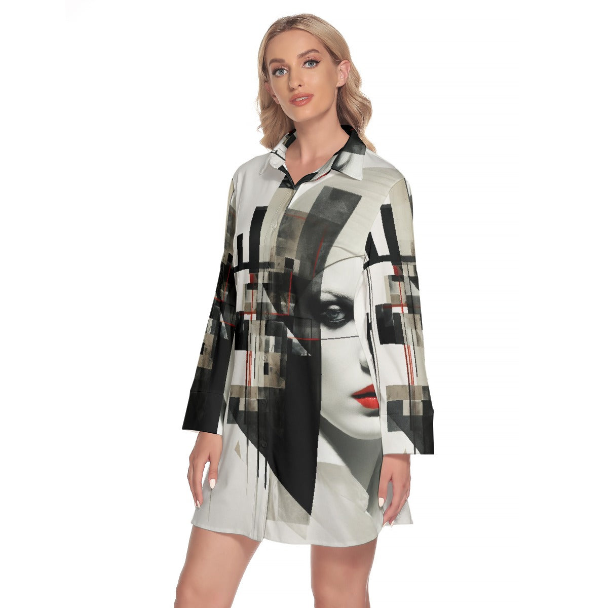 All-Over Print Women's Lapel Shirt Dress With Long Sleeve