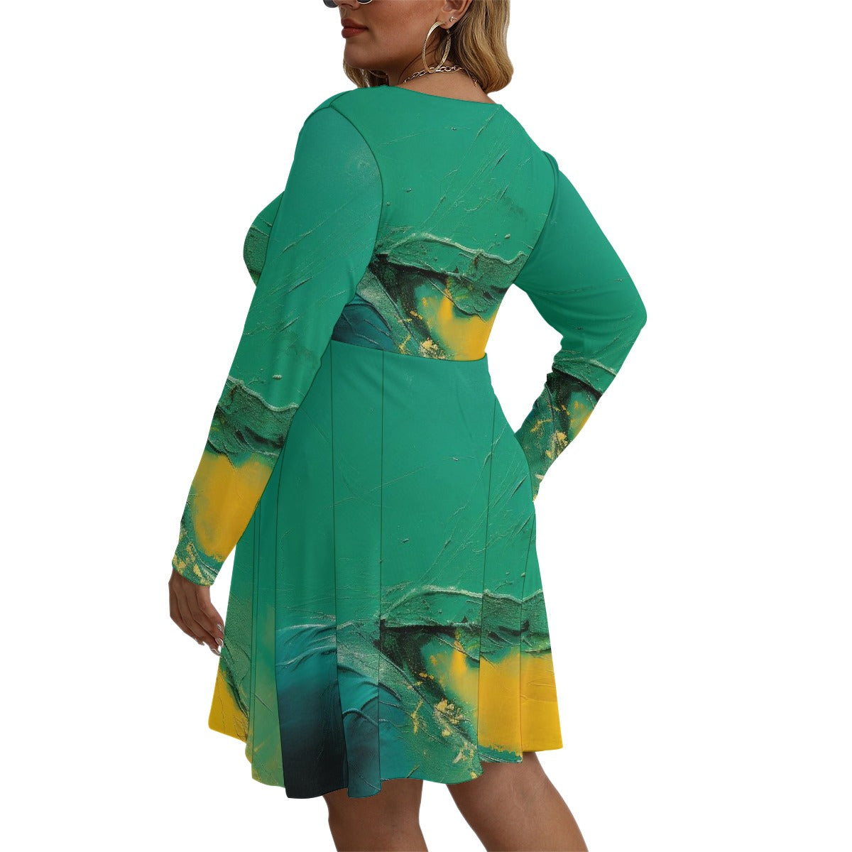 All-Over Print Women's V-neck Long Sleeve Dress(Plus Size)